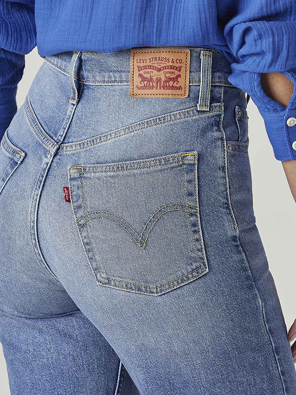 Women's Light Blue Ribcage Straight Fit High Rise Jeans - Detail View