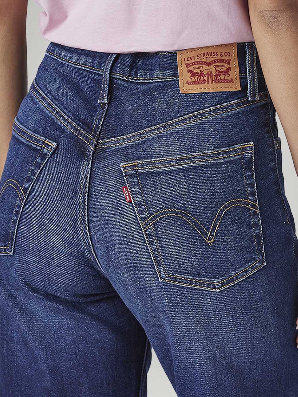 Women's Dark Blue Ribcage Straight Fit High Rise Jeans - Detail View