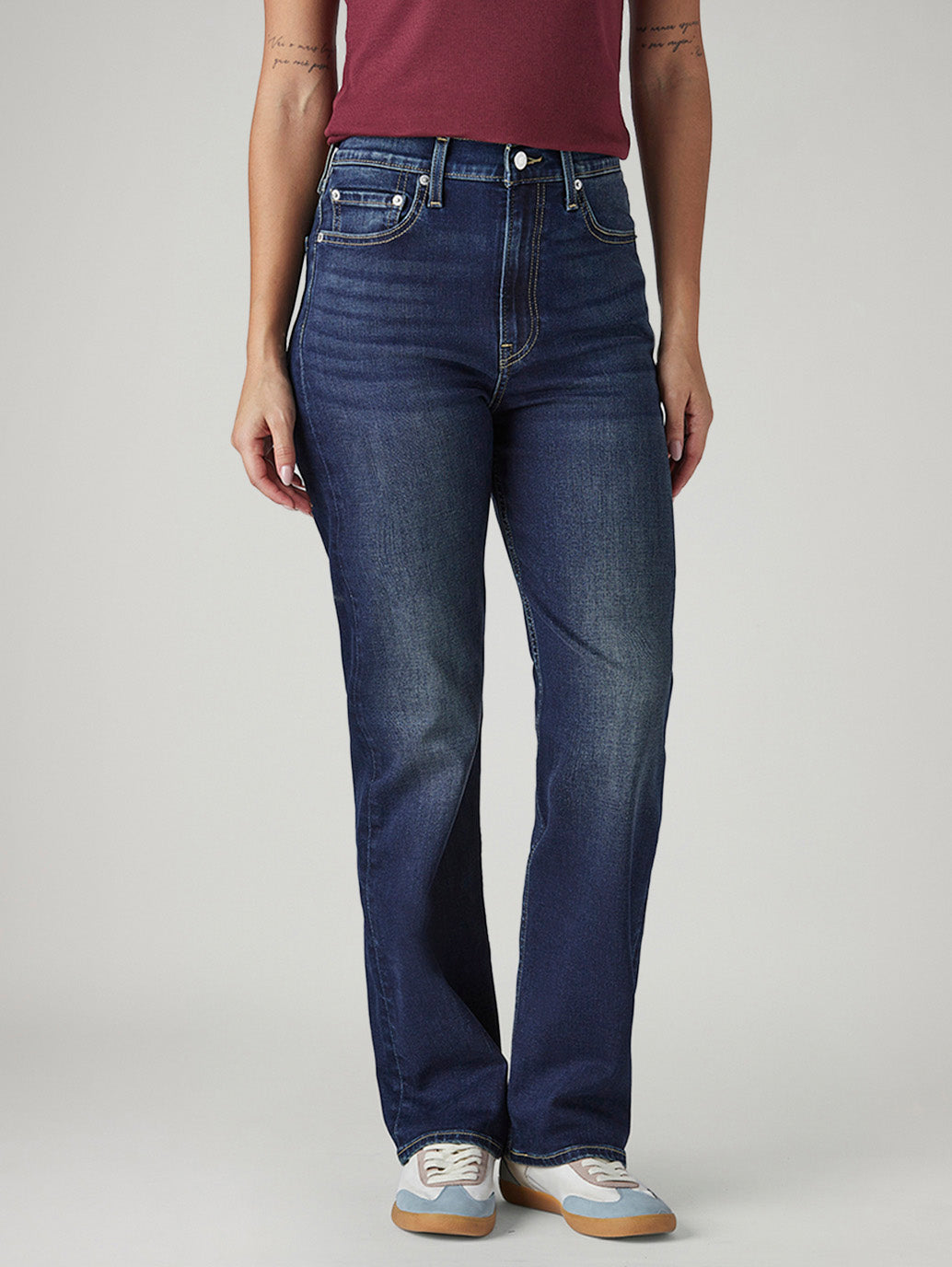 Women's Dark Blue Ribcage Straight Fit High Rise Jeans - Front View