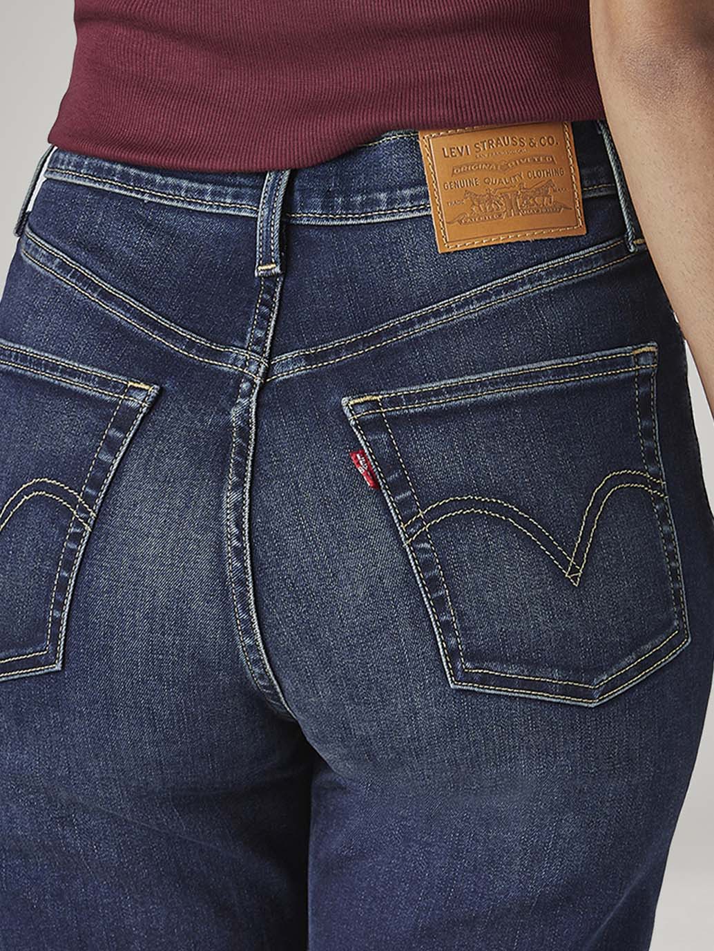 Women's Dark Blue Ribcage Straight Fit High Rise Jeans - Detail View