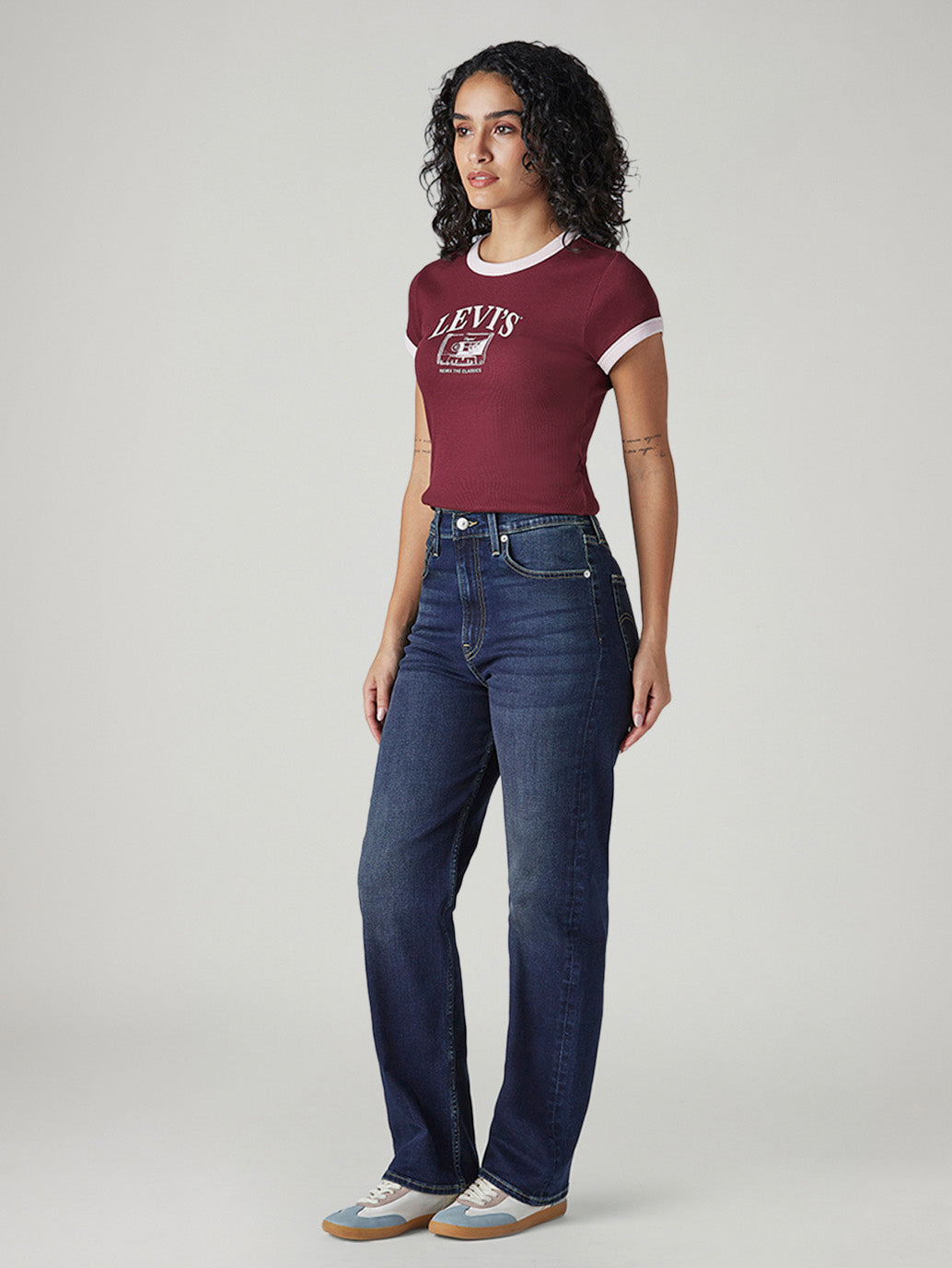 Women's Dark Blue Ribcage Straight Fit High Rise Jeans - Side View