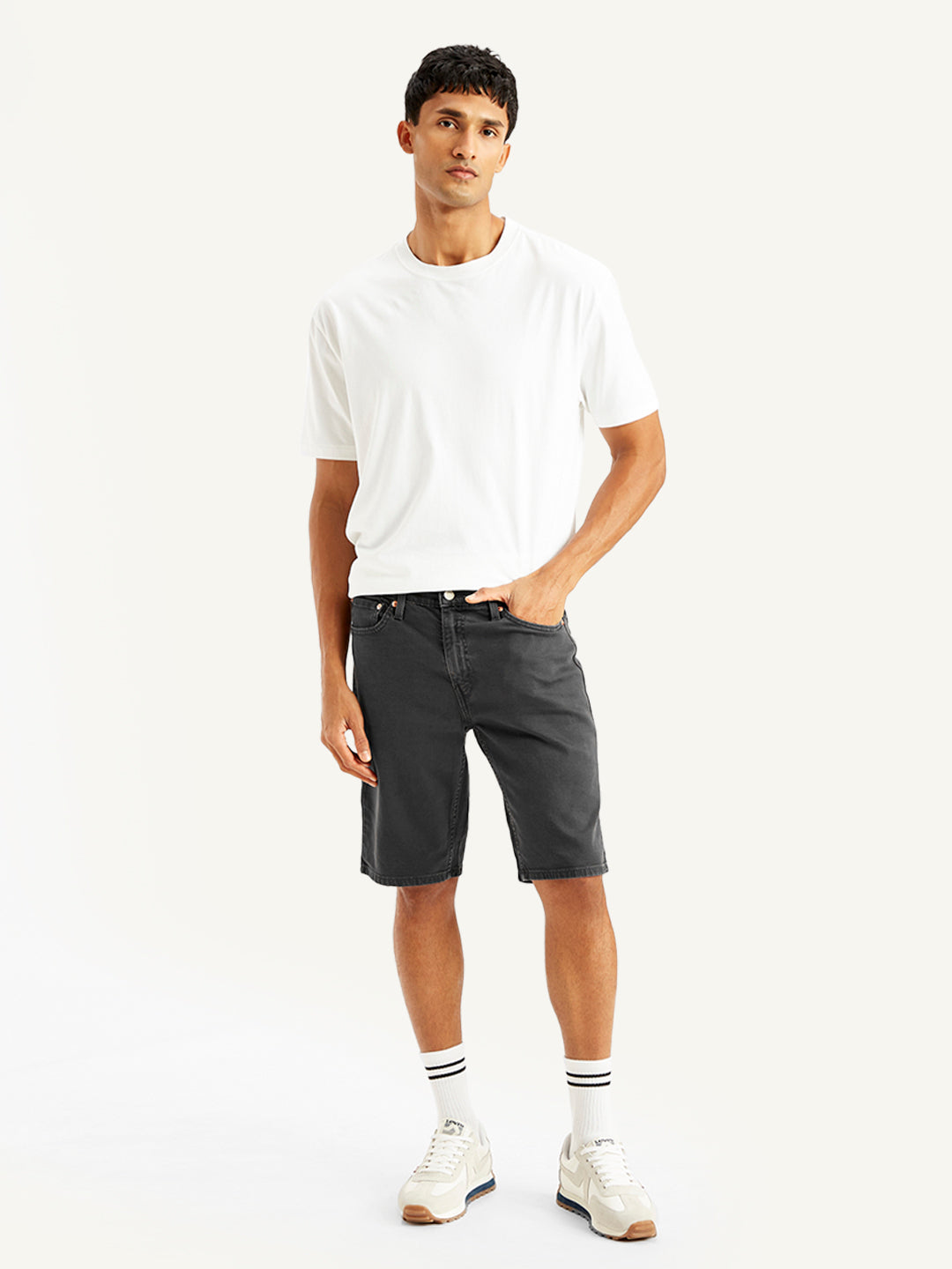 Men's Black Tapered Denim Shorts - Front View