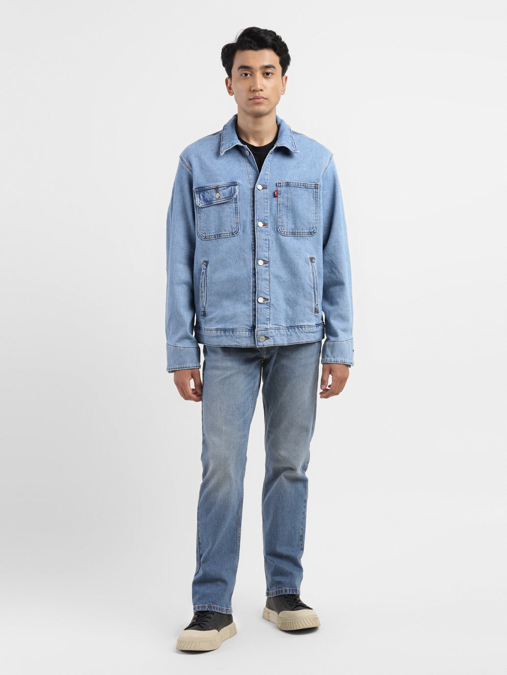 Men's Solid Blue Collar Neck Denim Jacket - 158718d3-61b1-4b8e-8847-70ad7a0be736 View