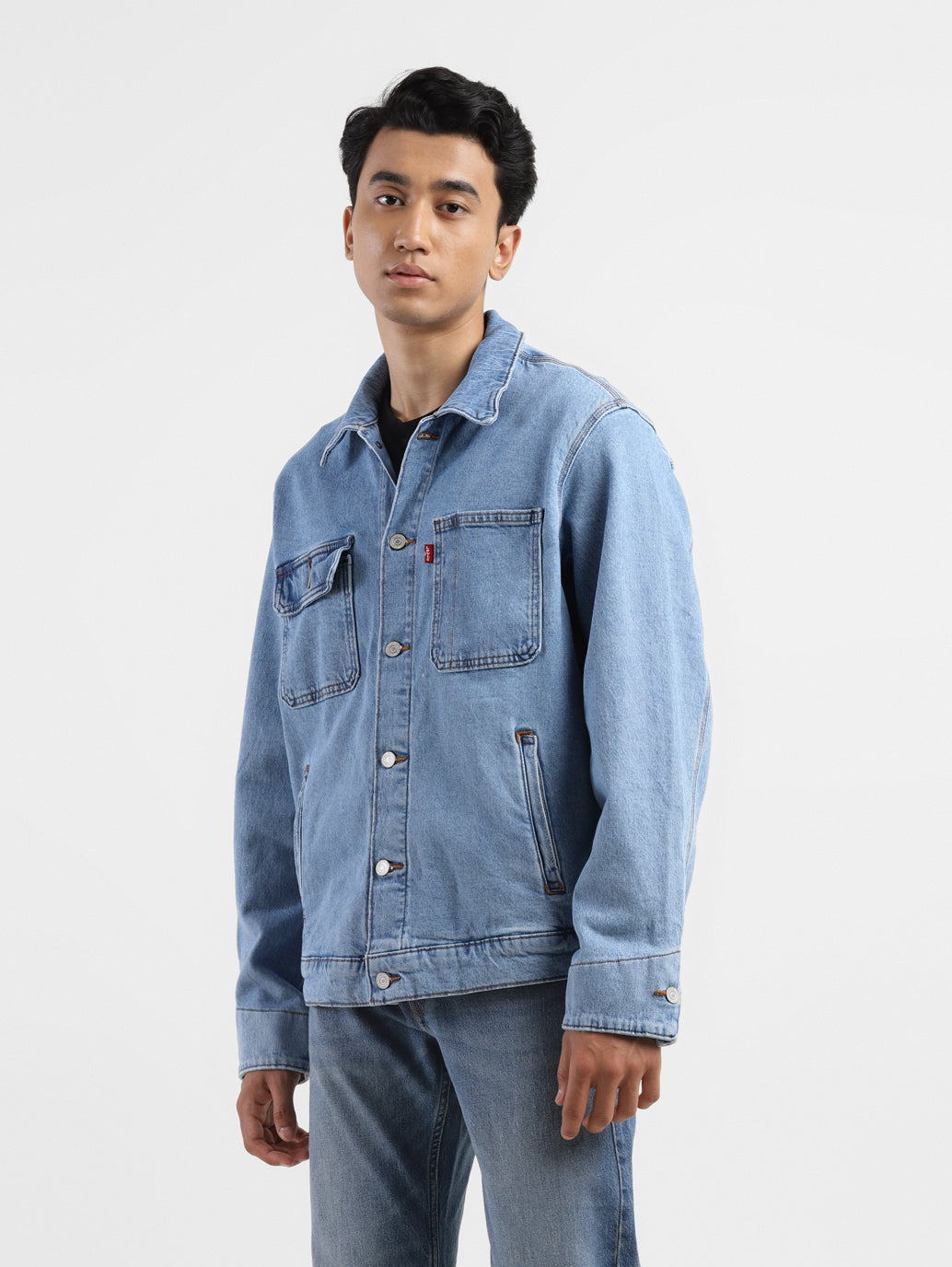 Men's Solid Blue Collar Neck Denim Jacket - 83bef3e9-ff2c-4af4-ae1a-b945658b927e View