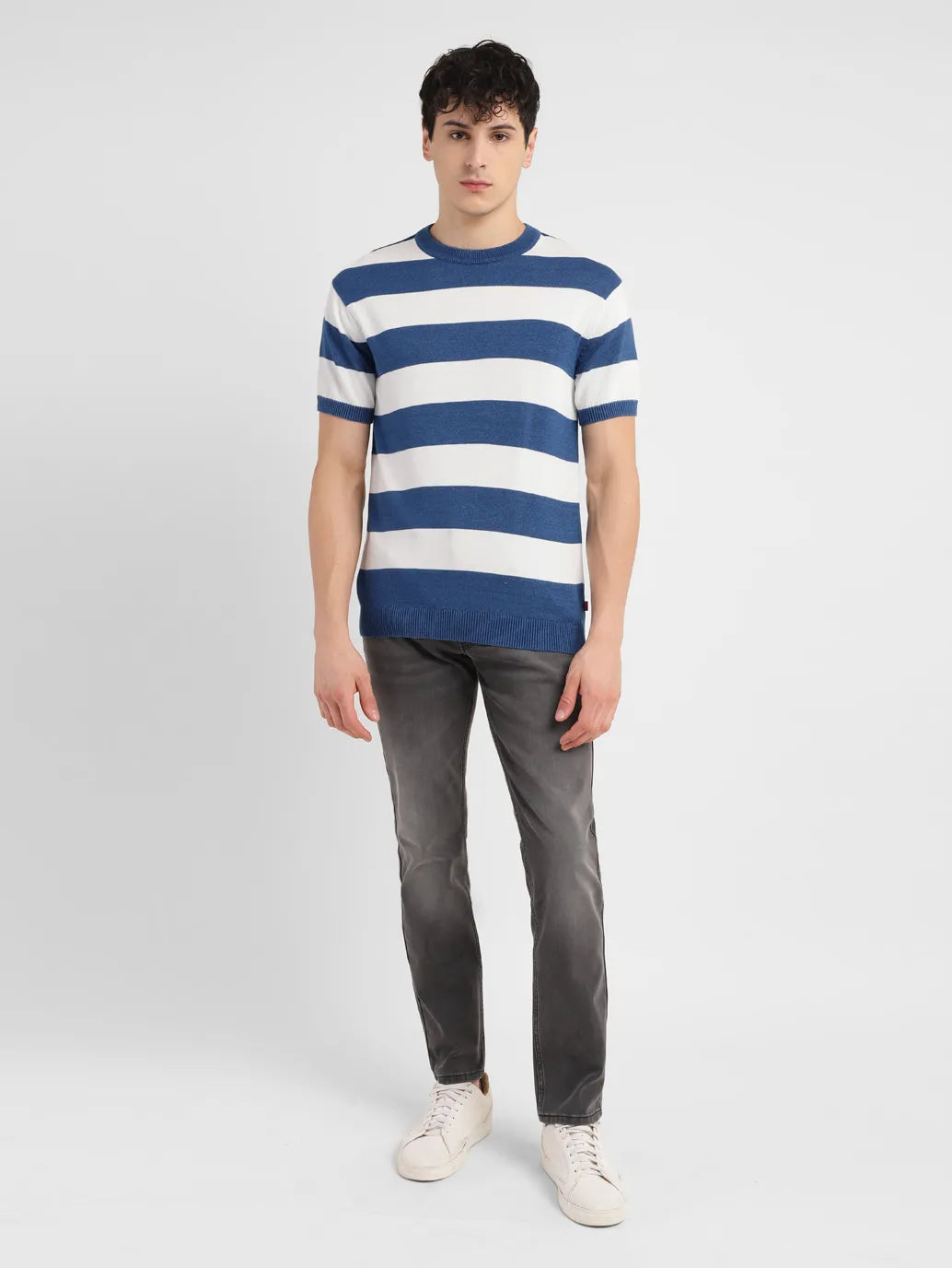 Men's Striped Blue Crew Neck Sweater