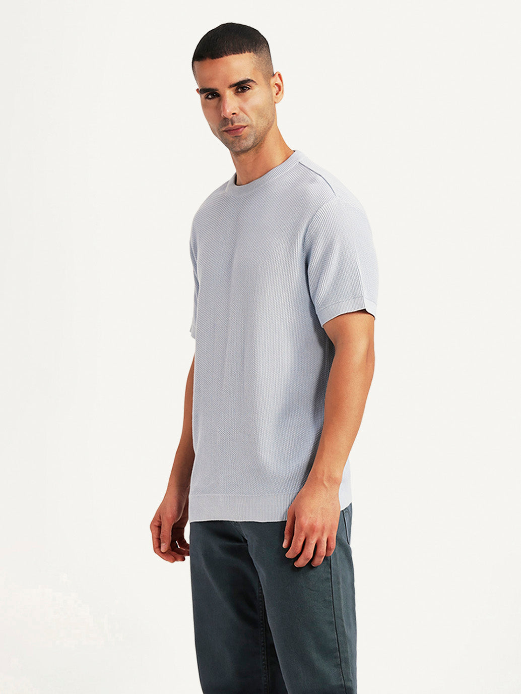 Men's Textured Lilac Slim Fit T-shirt - Side View