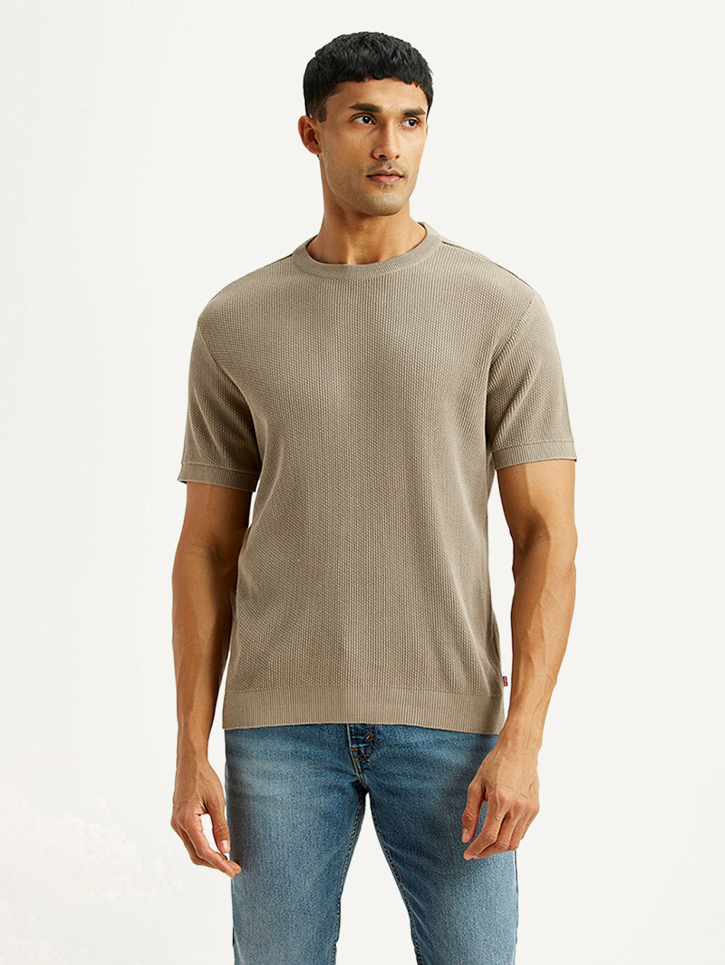 Men's Textured Beige Slim Fit T-shirt - Front View