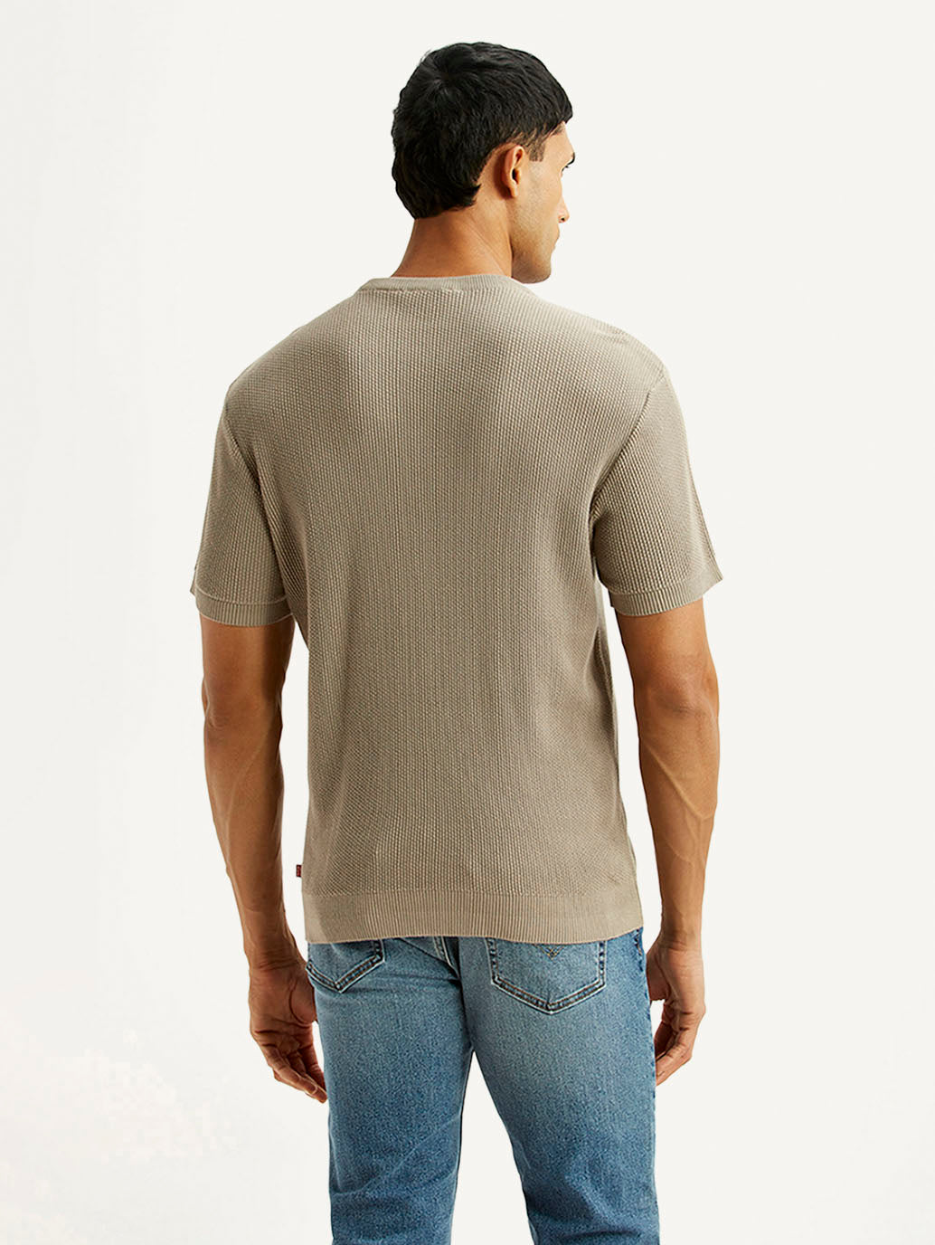 Men's Textured Beige Slim Fit T-shirt - Back View