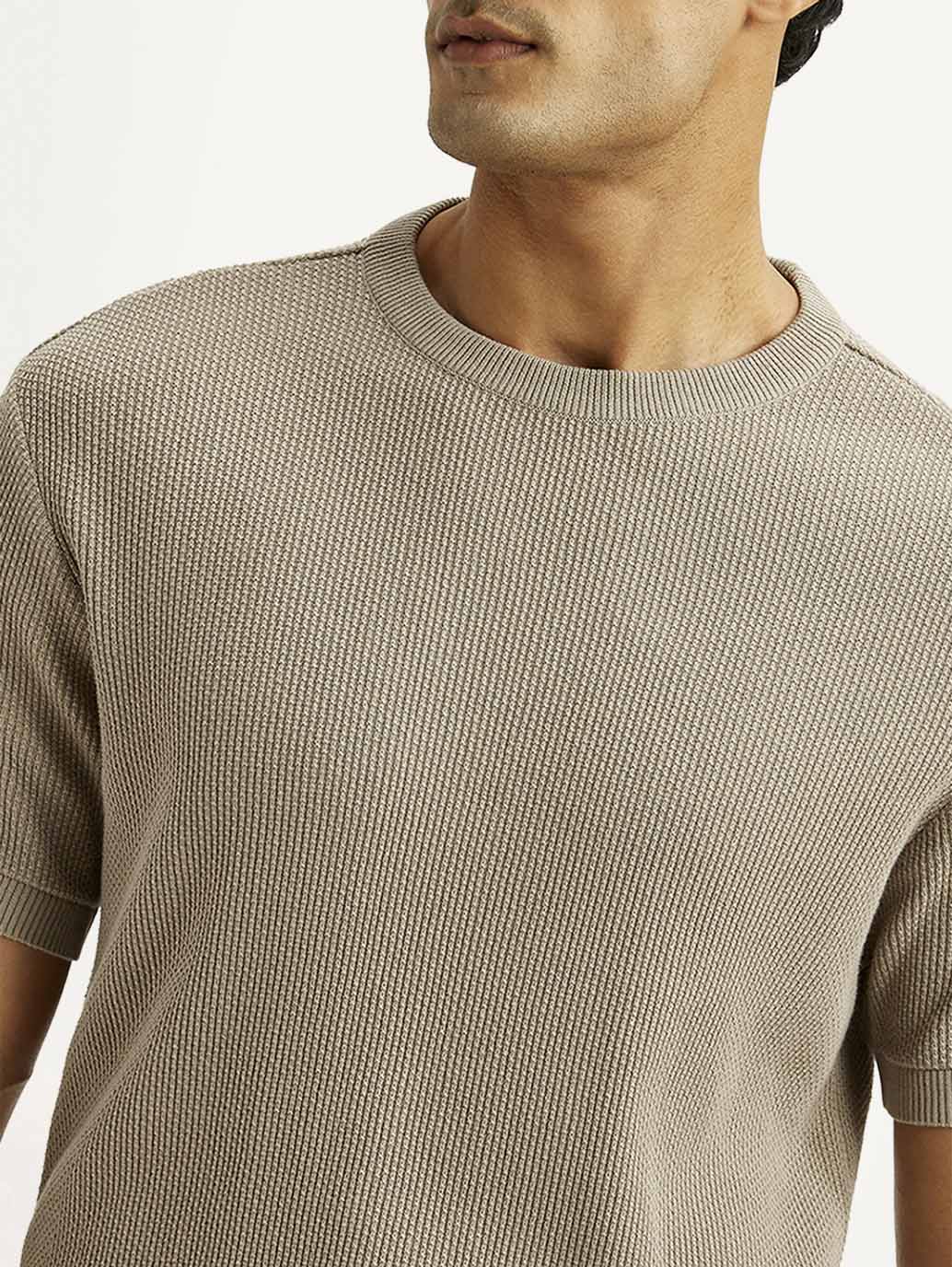 Men's Textured Beige Slim Fit T-shirt - Detail View