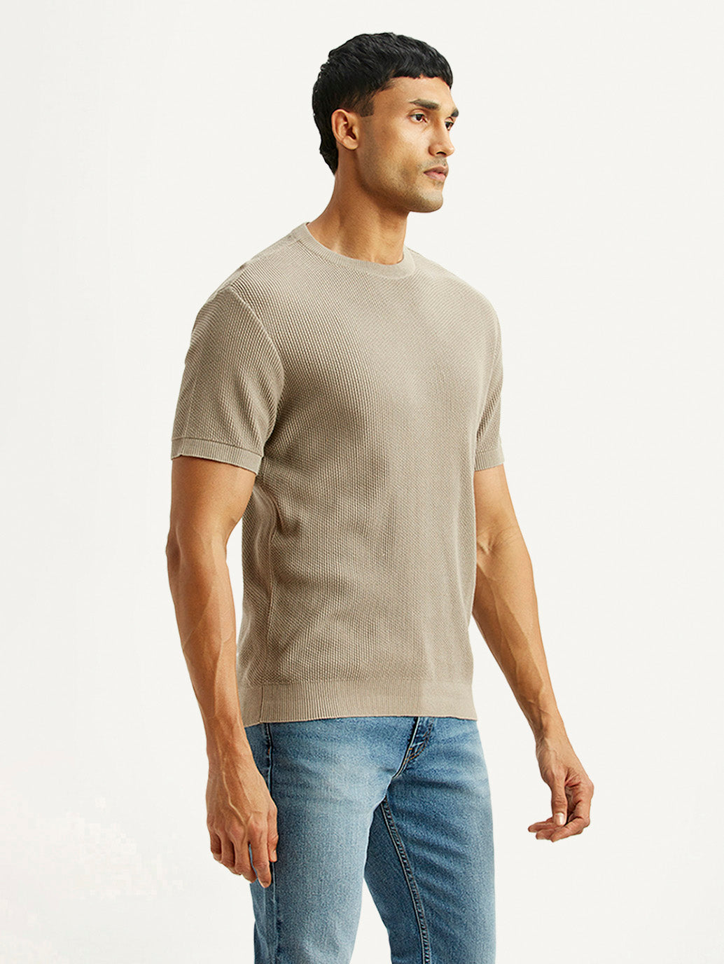 Men's Textured Beige Slim Fit T-shirt - Side View