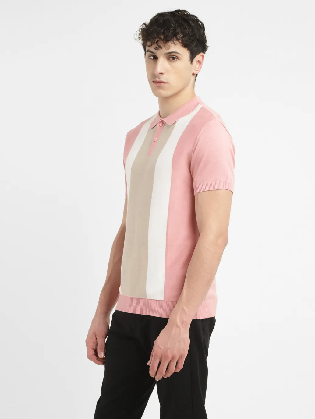 Men's Colorblock Pink Polo Collar Sweater - 1cc49e38-b5c2-439a-87e0-3e86fe6aa389 View