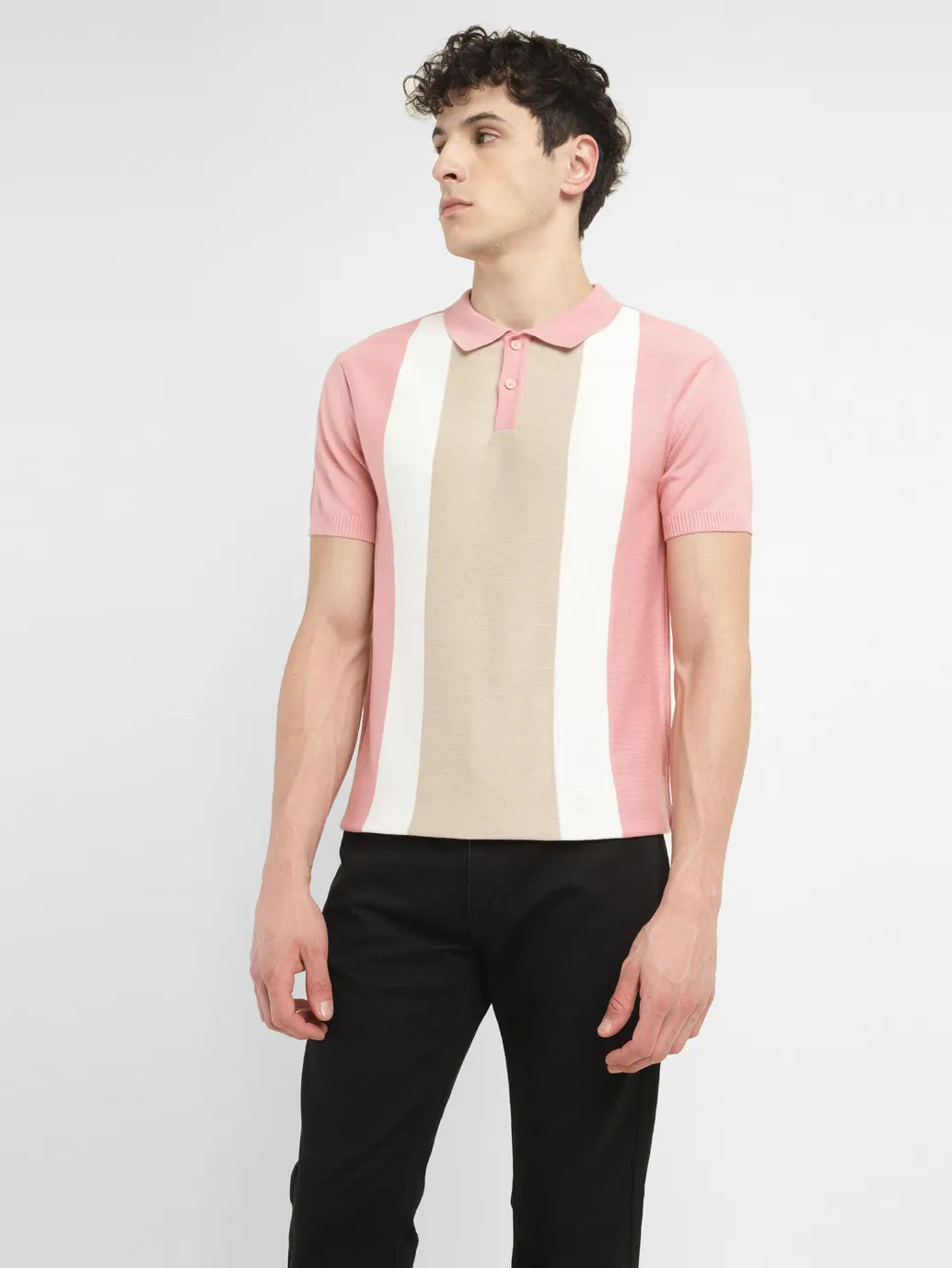 Men's Colorblock Pink Polo Collar Sweater - 2d30586e-5e14-405f-8275-d599e025ecd0 View