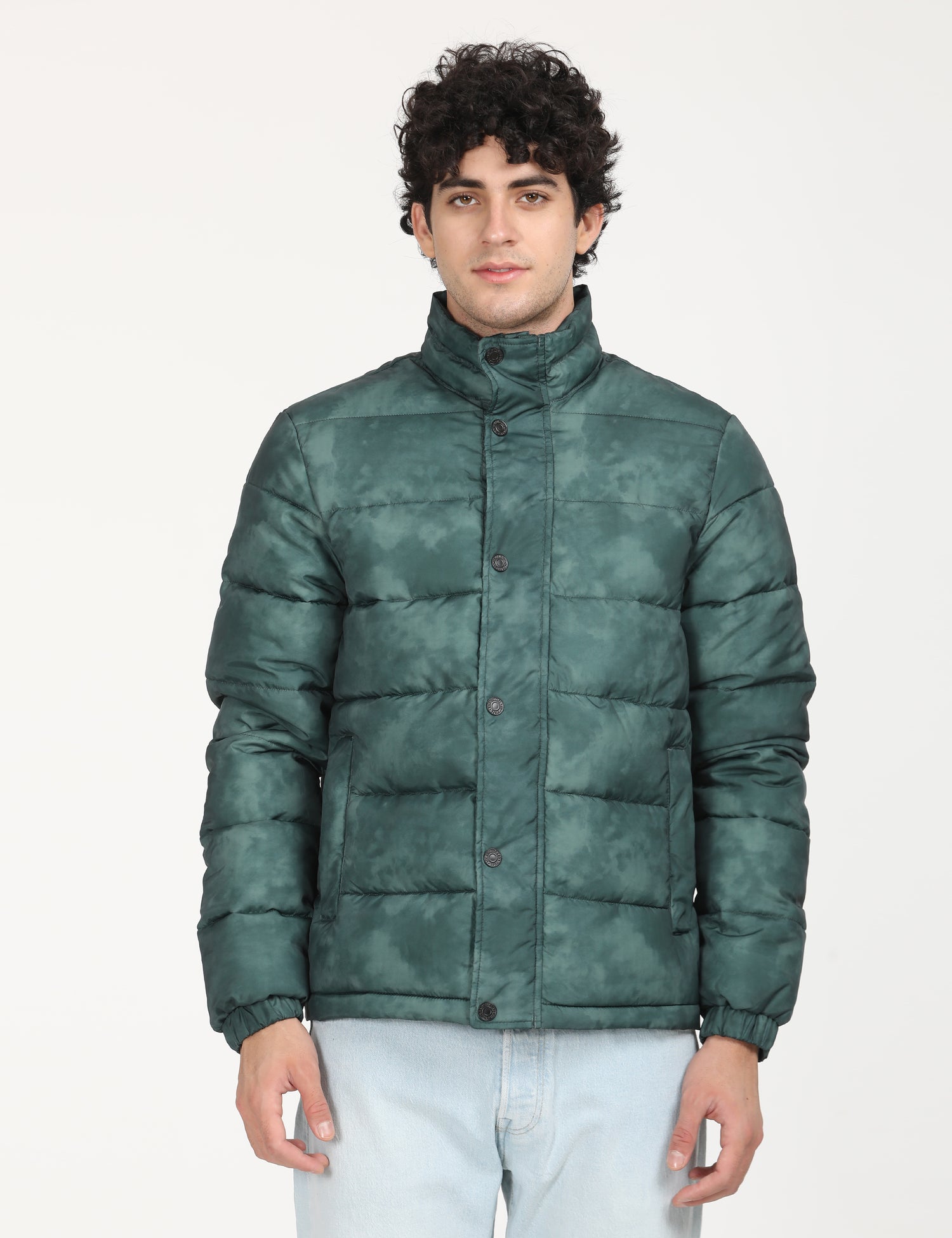 Men's Printed Teal High Neck Puffer Jacket