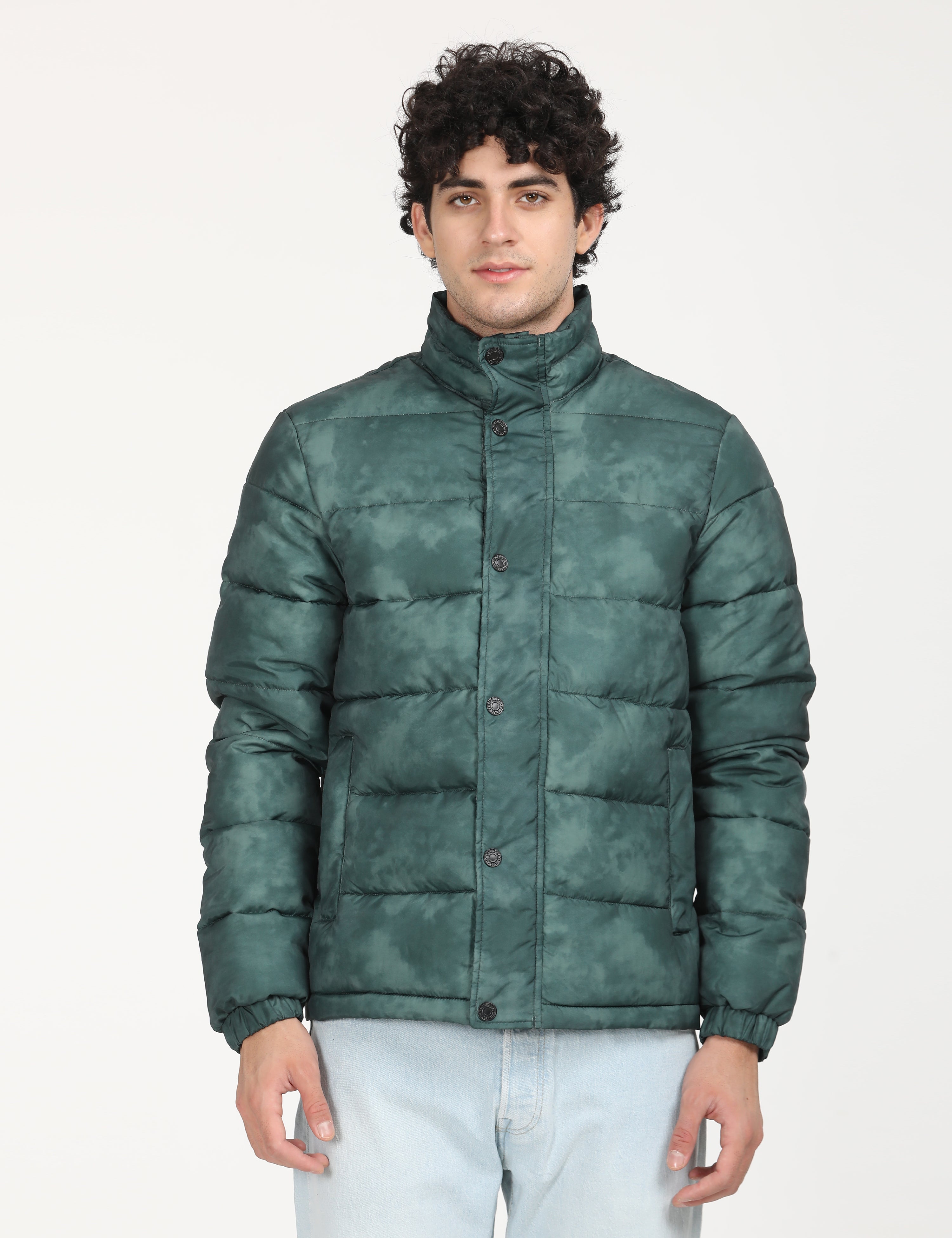 Men's Printed Teal High Neck Puffer Jacket