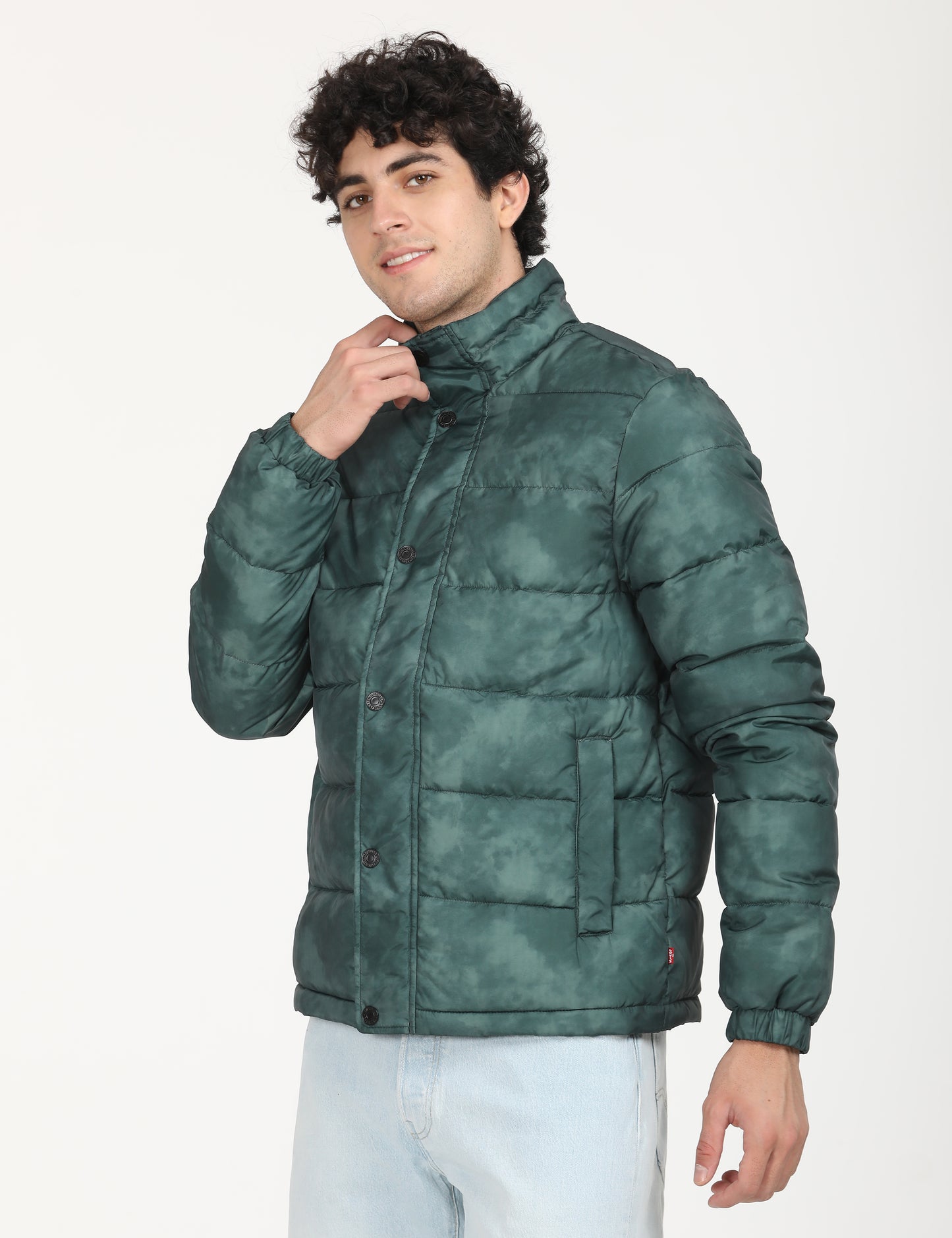 Men's Printed Teal High Neck Puffer Jacket - RightSide View