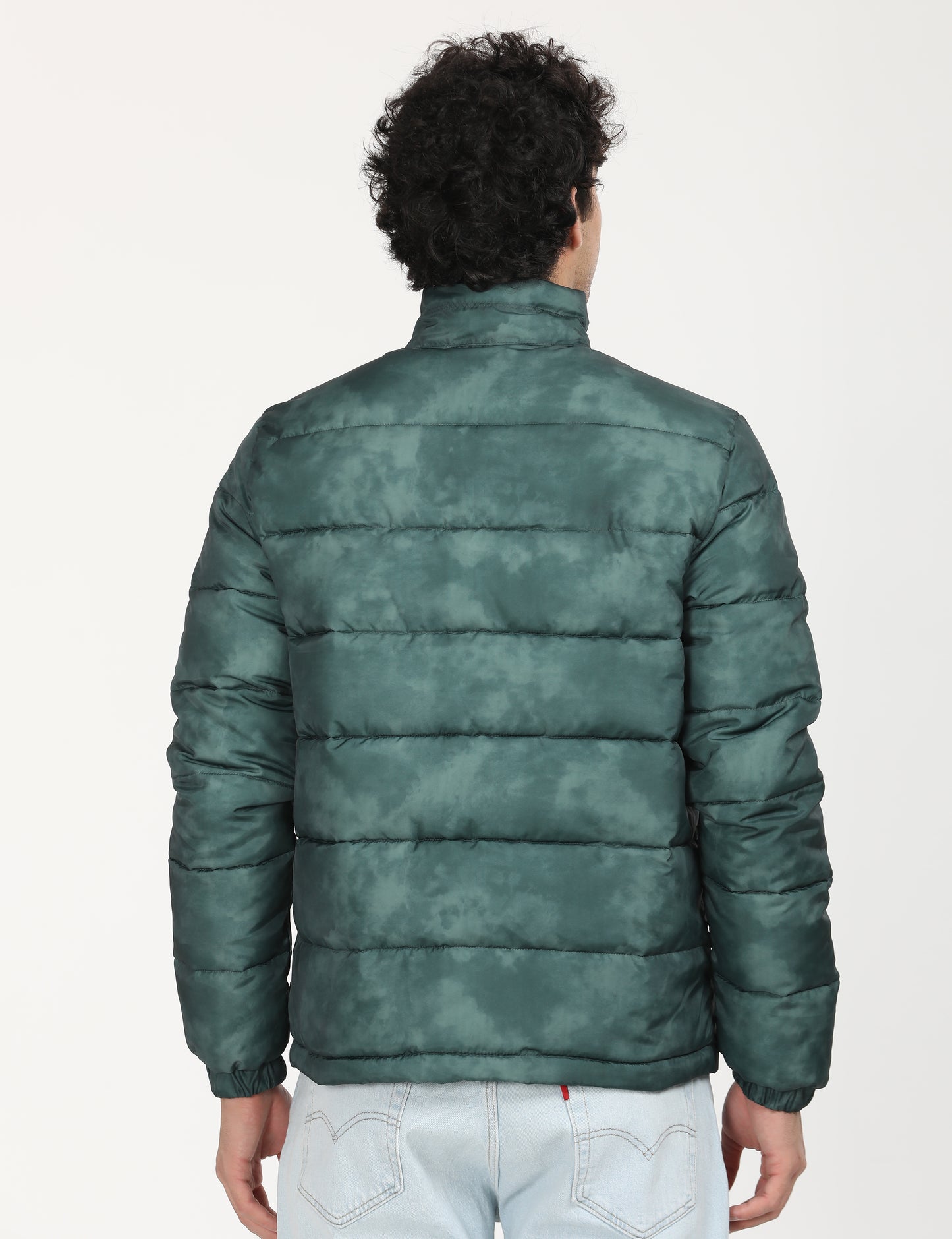 Men's Printed Teal High Neck Puffer Jacket - Back View