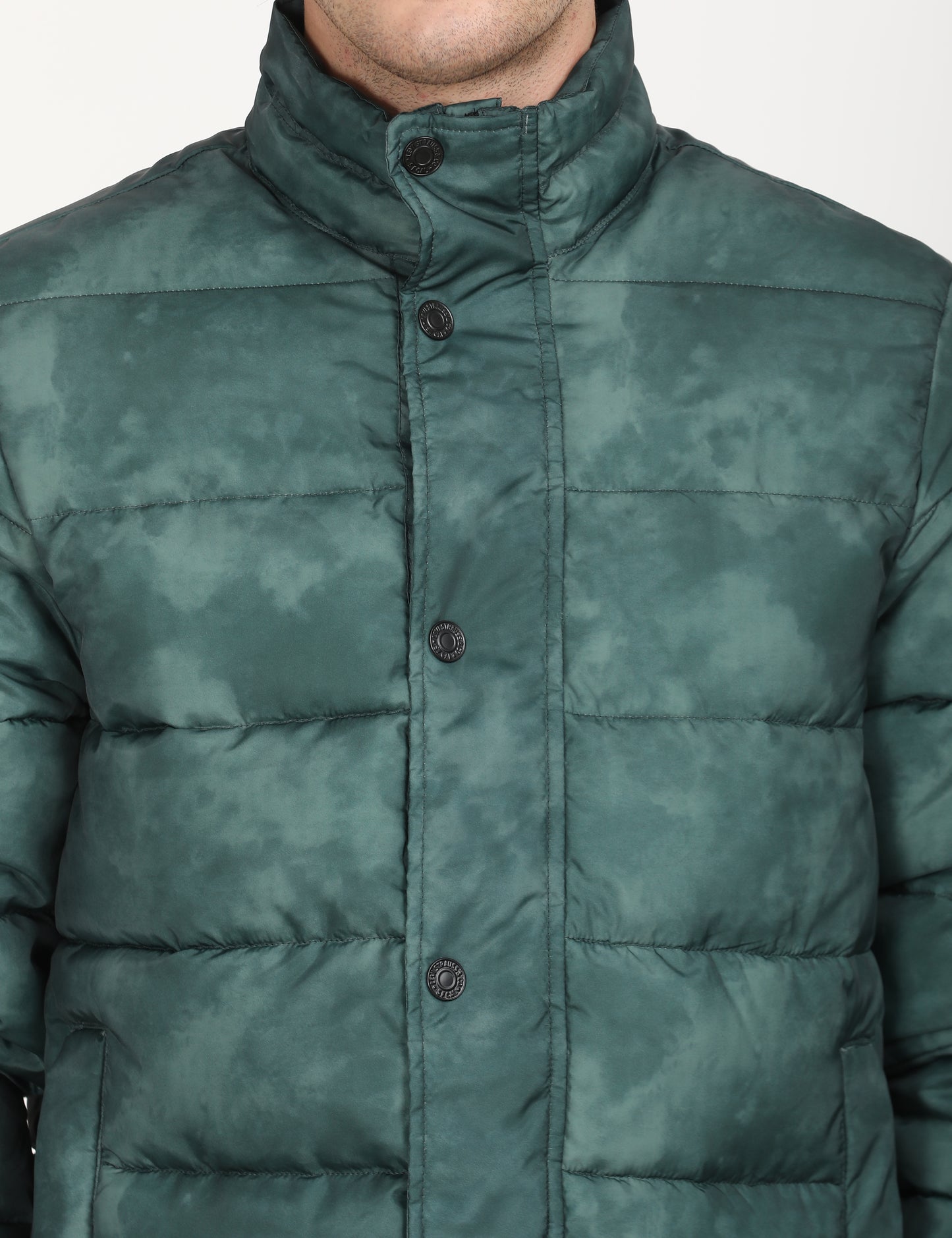 Men's Printed Teal High Neck Puffer Jacket - deatil View