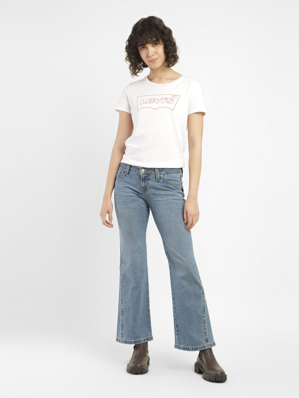 Women's Blue Bootcut Fit Mid Rise Jeans - ModelFront View