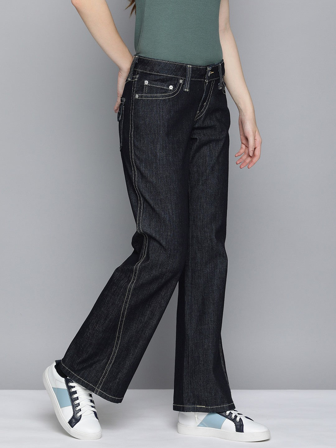 Women's Blue Bootcut Fit Low Rise Jeans - 2 View