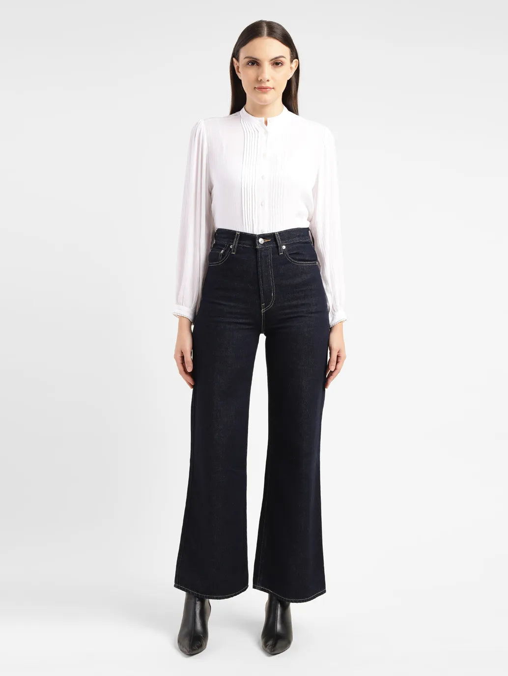 Women's Navy Blue Ribcage Bell Bottom Wide Leg Fit High Rise Jeans - 6dc36260-9b34-48ed-8fed-f3a48c9698ed View