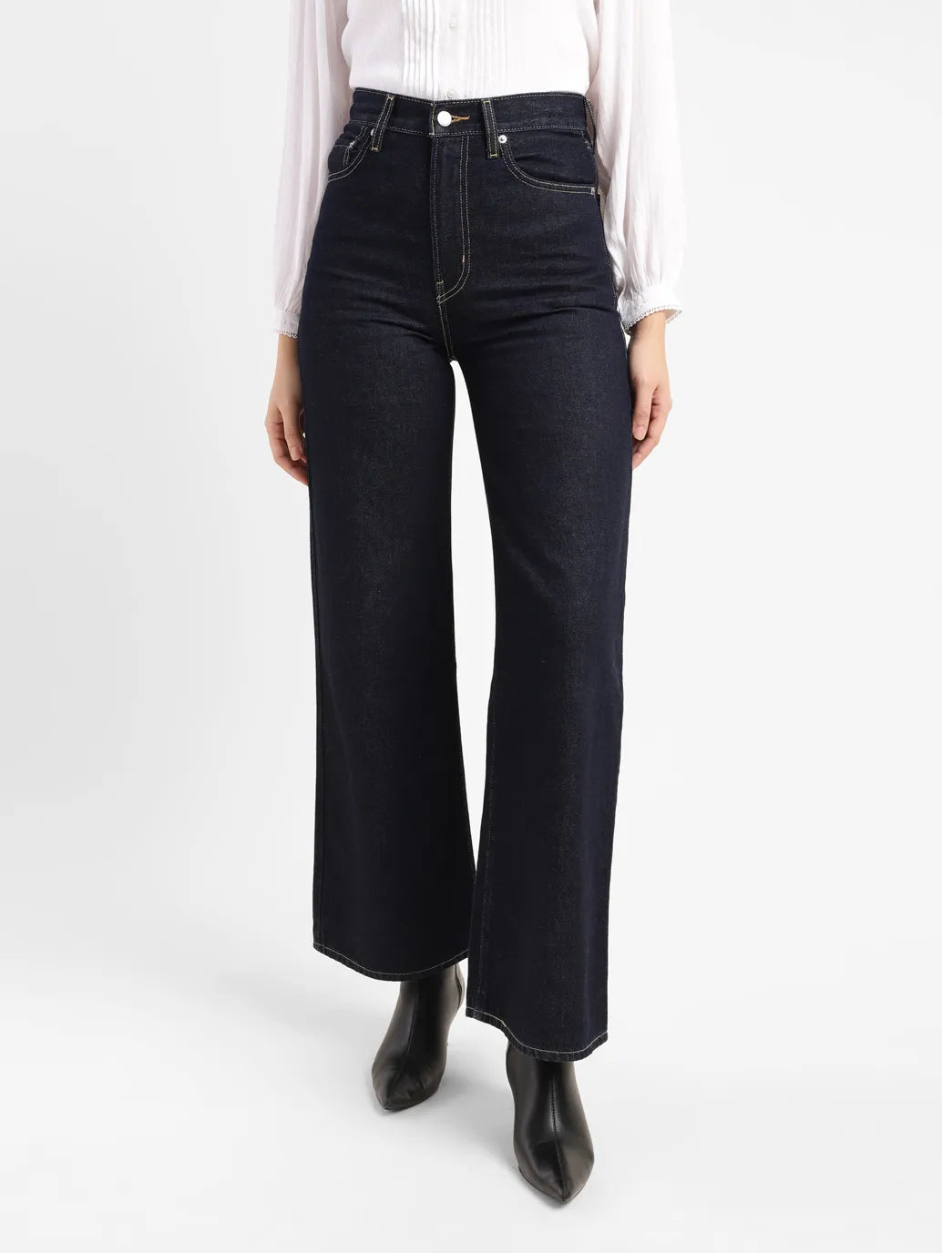 Women's Navy Blue Ribcage Bell Bottom Wide Leg Fit High Rise Jeans - e1527a70-5c5b-483b-a300-6b8da150f785 View