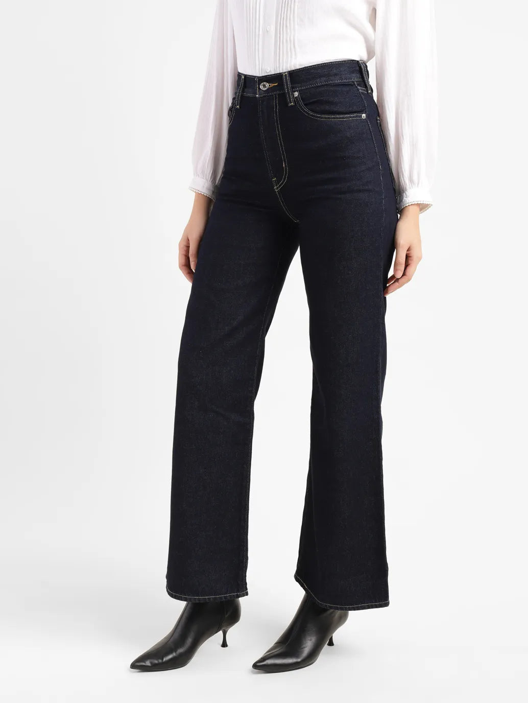 Women's Navy Blue Ribcage Bell Bottom Wide Leg Fit High Rise Jeans - 6982e174-b300-4d05-ab99-fe5ab0db2e8b View