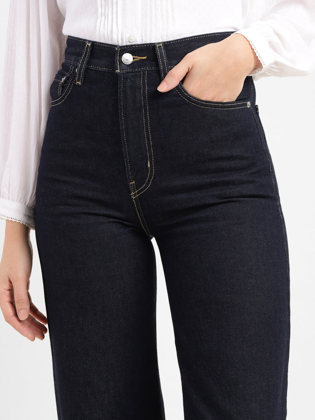 Women's Navy Blue Ribcage Bell Bottom Wide Leg Fit High Rise Jeans - 3cb01723-b534-45d4-8178-9c150f119188 View