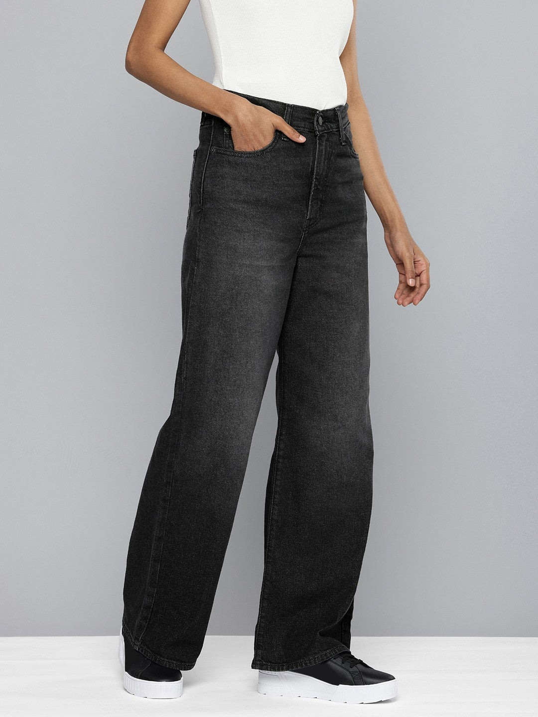 Women's Grey Ribcage Bell Bottom Wide Leg Fit High Rise Jeans - 2 View