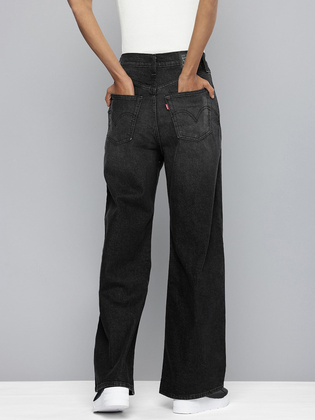 Women's Grey Ribcage Bell Bottom Wide Leg Fit High Rise Jeans - 3 View