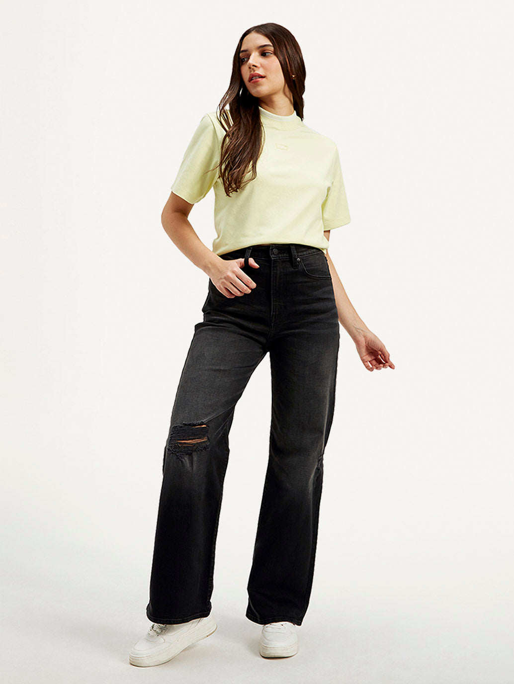 Women's Black Ribcage Bell Bottom Wide Leg Fit High Rise Jeans - Styleshot View