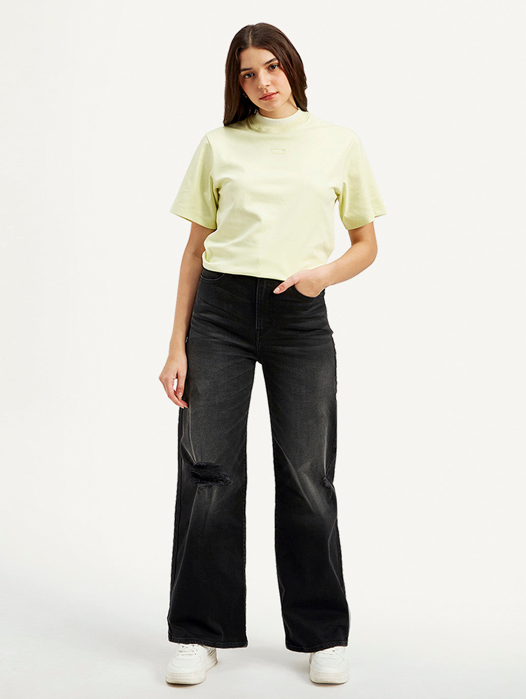 Women's Black Ribcage Bell Bottom Wide Leg Fit High Rise Jeans - Front View