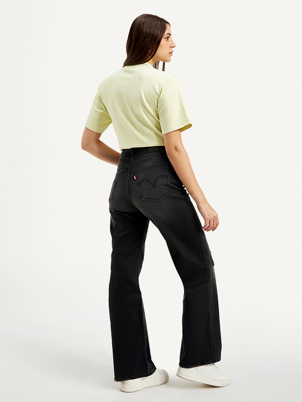 Women's Black Ribcage Bell Bottom Wide Leg Fit High Rise Jeans - Back View