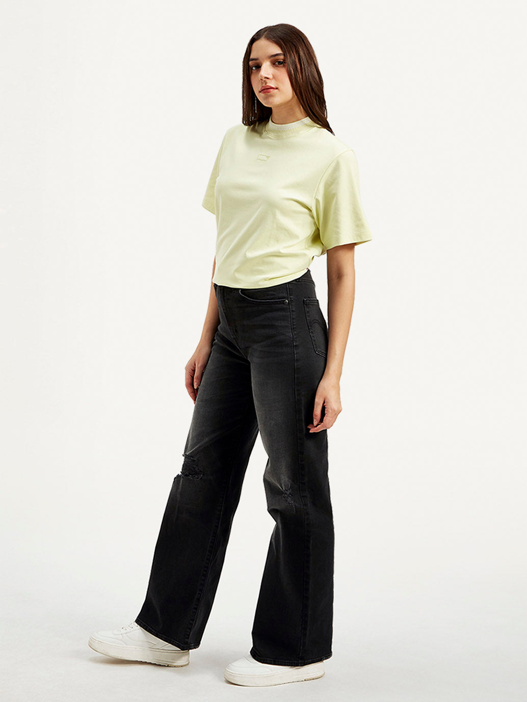 Women's Black Ribcage Bell Bottom Wide Leg Fit High Rise Jeans - Side View