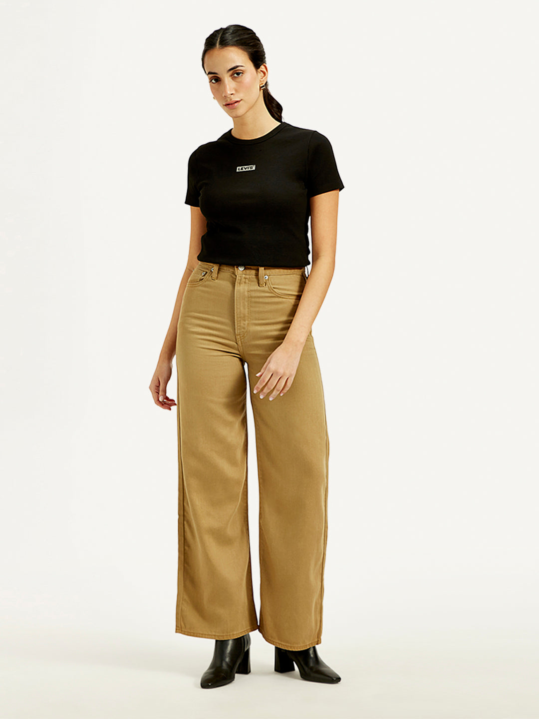 Women's Khaki Ribcage Bell Bottom Wide Leg Fit High Rise Jeans - 20 View