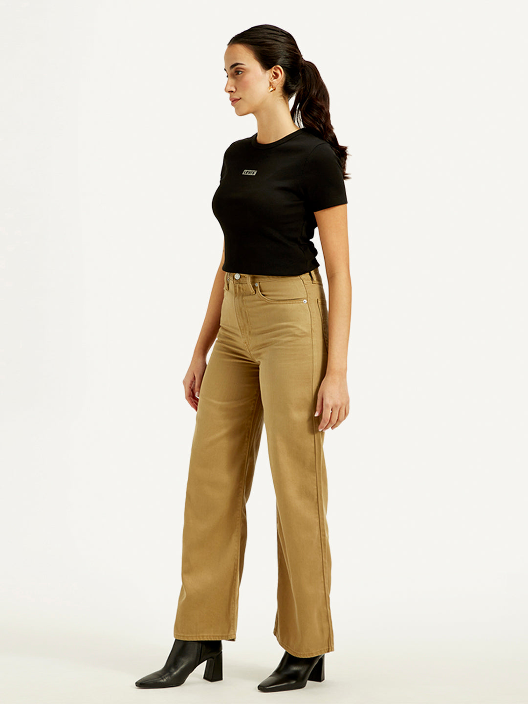 Women's Khaki Ribcage Bell Bottom Wide Leg Fit High Rise Jeans - 20 View