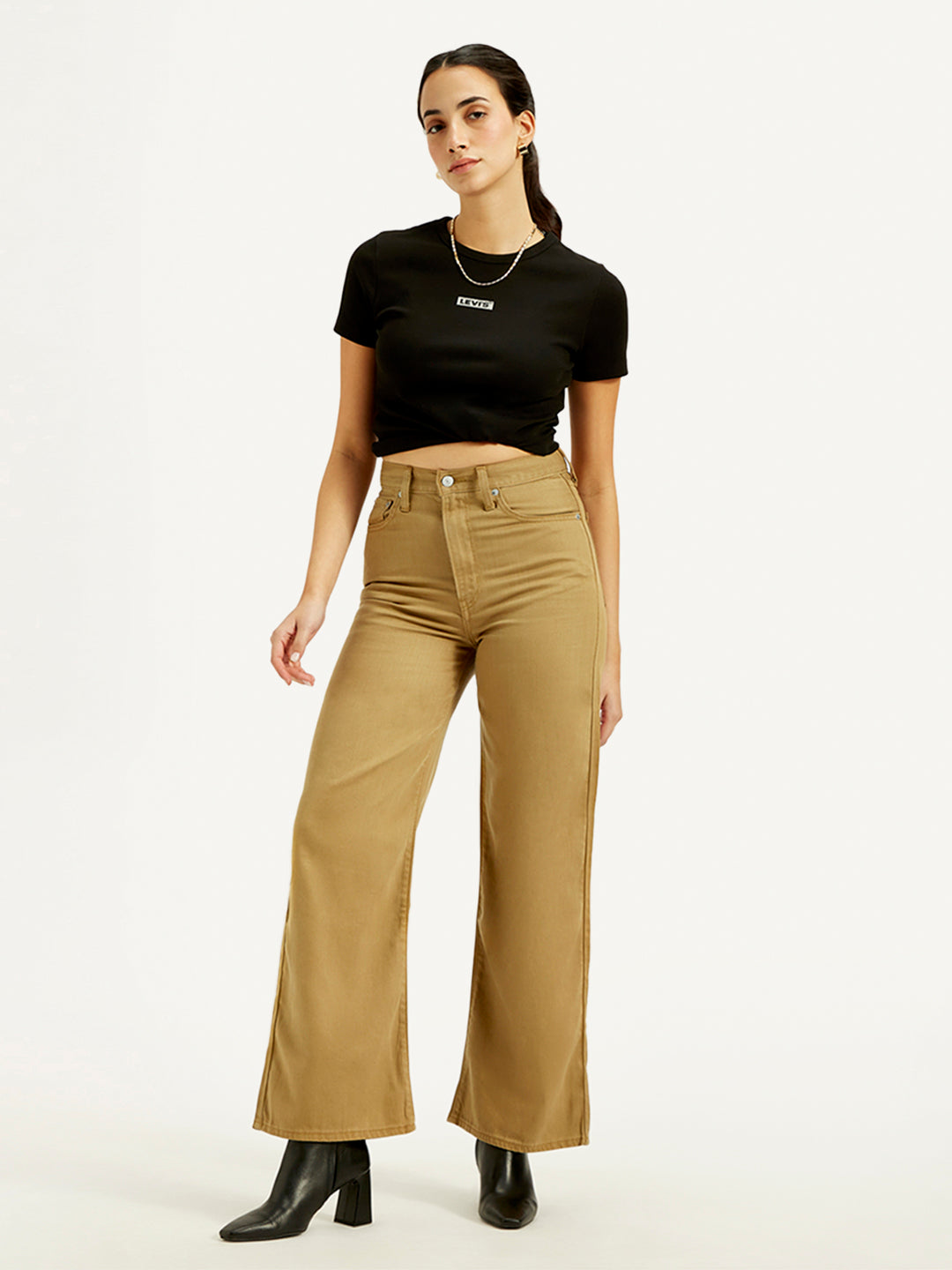 Women's Khaki Ribcage Bell Bottom Wide Leg Fit High Rise Jeans - Styleshot View