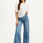 Women's Blue Ribcage Bell Bottom Wide Leg Fit High Rise Jeans - Styleshot View