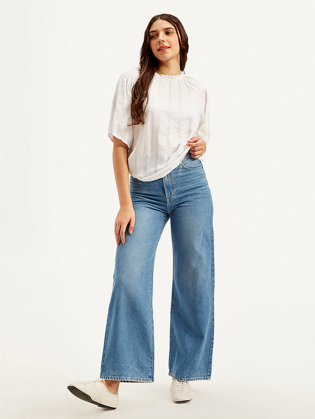 Women's Blue Ribcage Bell Bottom Wide Leg Fit High Rise Jeans - Styleshot View