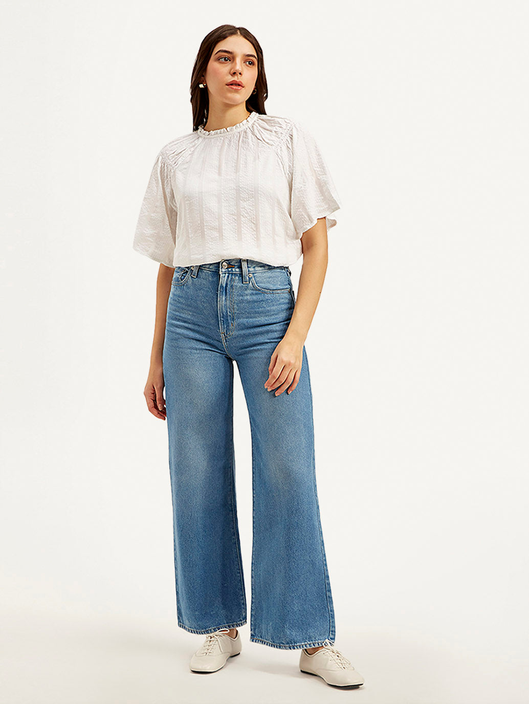 Women's Blue Ribcage Bell Bottom Wide Leg Fit High Rise Jeans - Front View