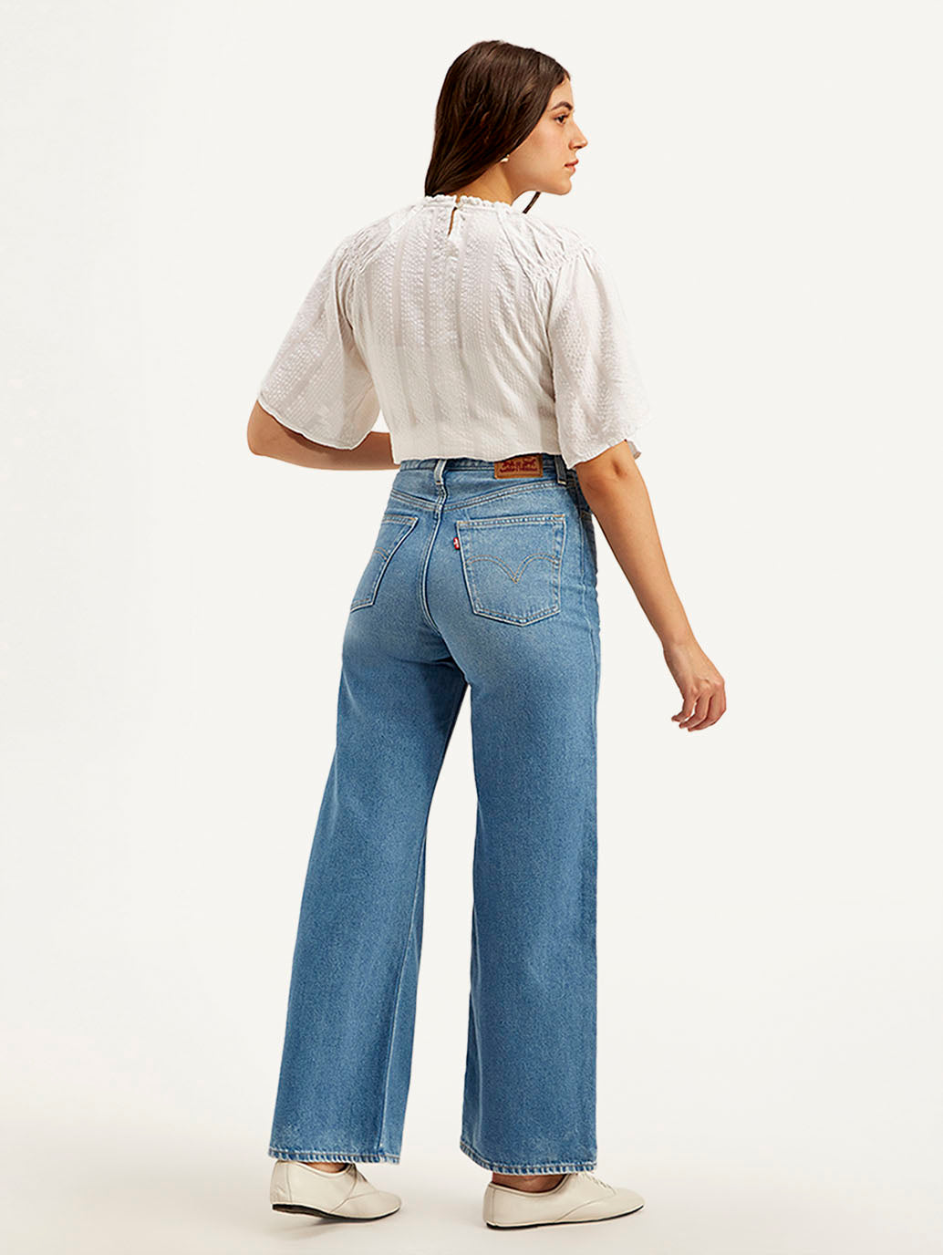 Women's Blue Ribcage Bell Bottom Wide Leg Fit High Rise Jeans - Back View