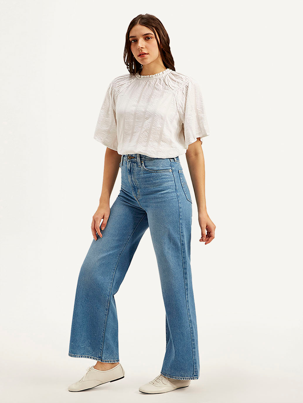 Women's Blue Ribcage Bell Bottom Wide Leg Fit High Rise Jeans - Side View