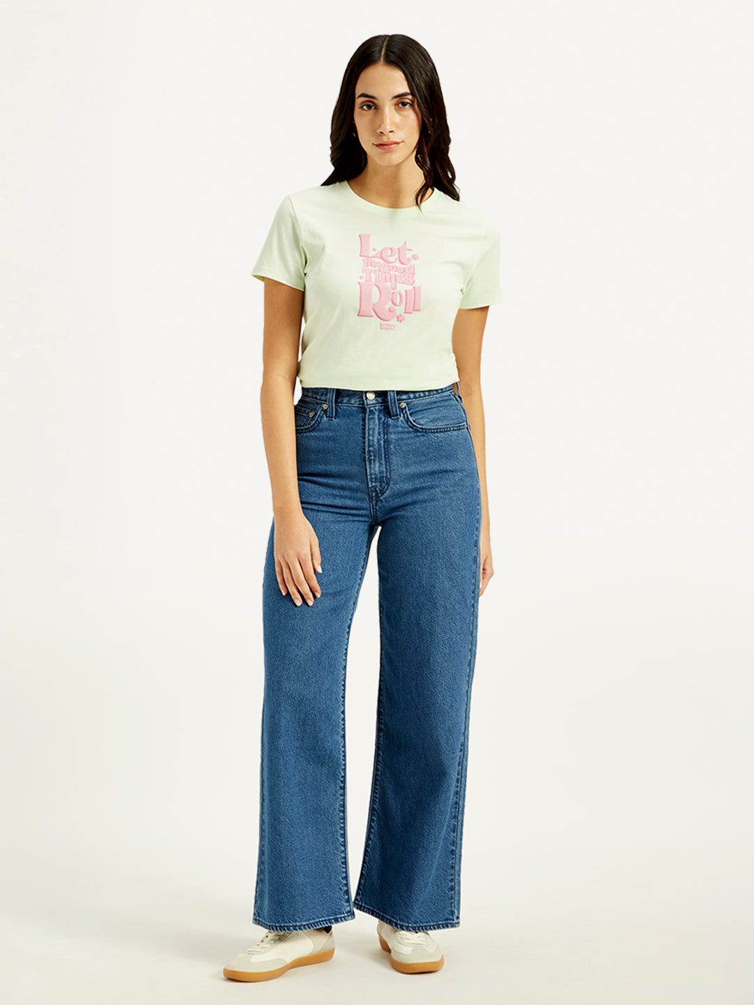 Women's Blue Ribcage Bell Bottom Wide Leg Fit High Rise Jeans - Front View