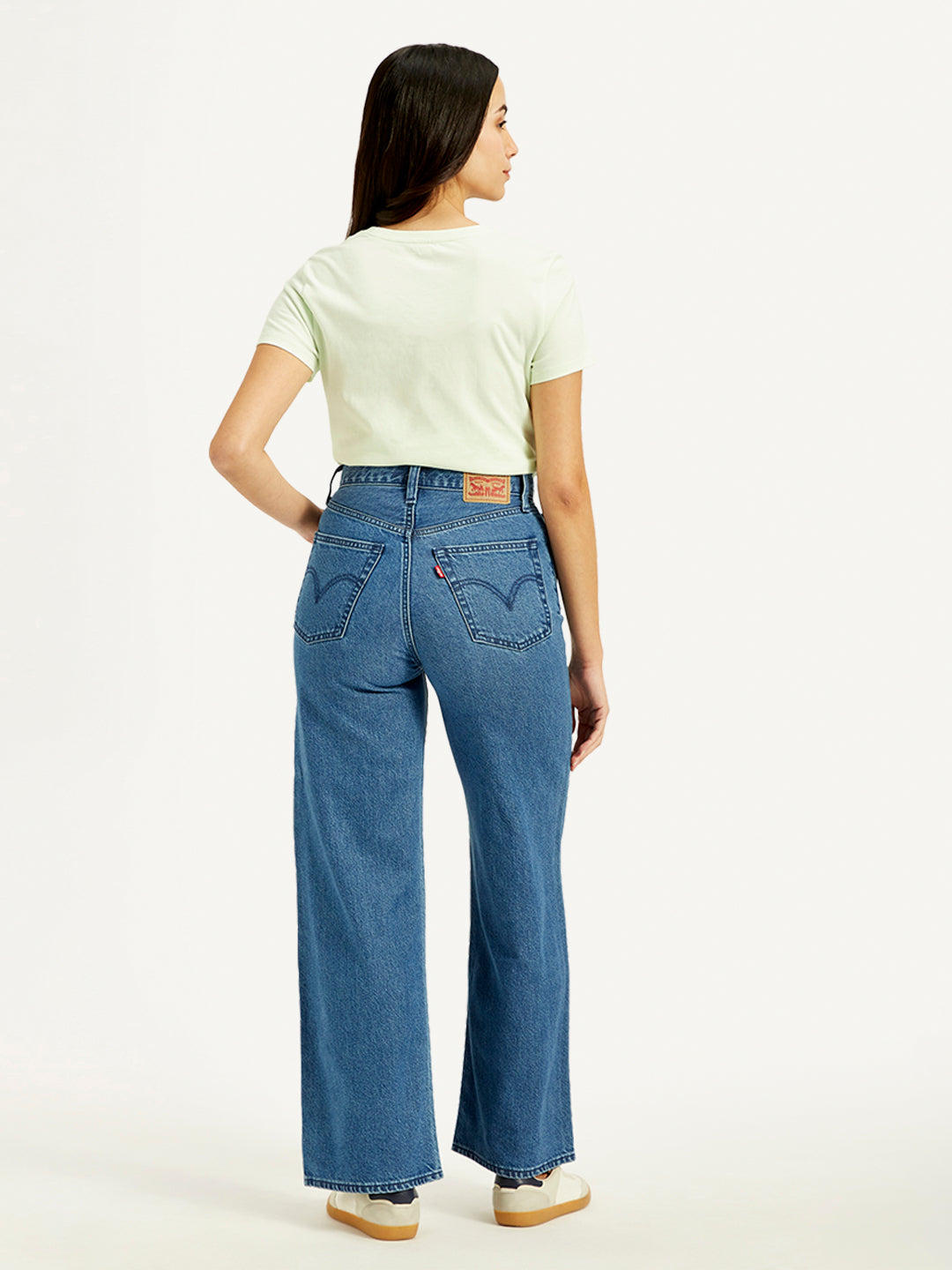 Women's Blue Ribcage Bell Bottom Wide Leg Fit High Rise Jeans - Back View