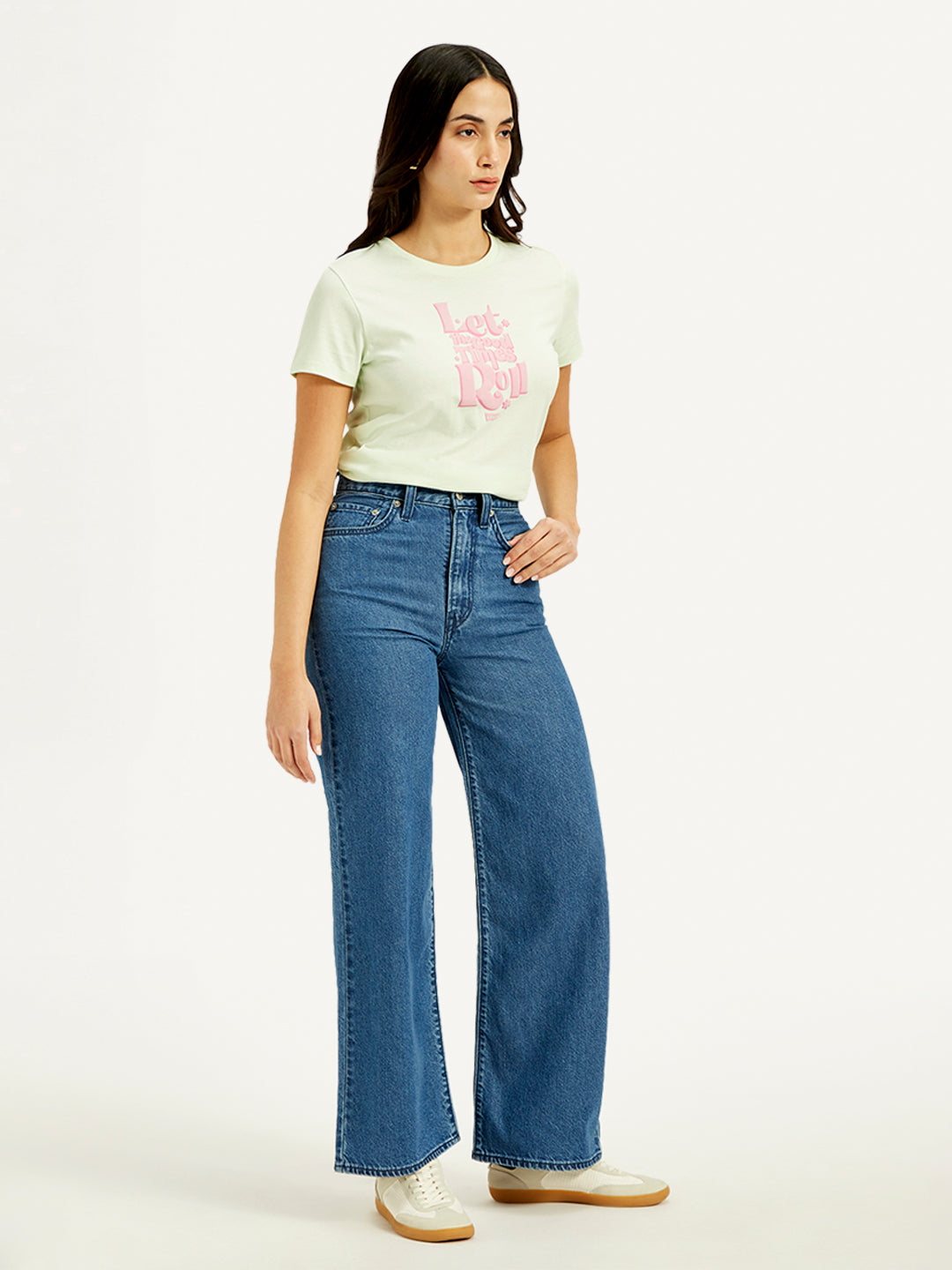 Women's Blue Ribcage Bell Bottom Wide Leg Fit High Rise Jeans - Side View