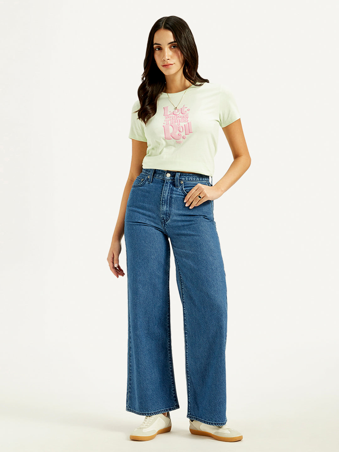Women's Blue Ribcage Bell Bottom Wide Leg Fit High Rise Jeans - Styleshot View