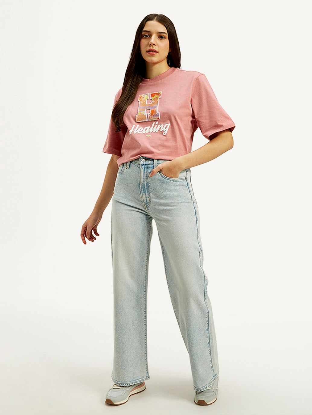 Women's Light Blue Ribcage Bell Bottom Wide Leg Fit High Rise Jeans - Styleshot View