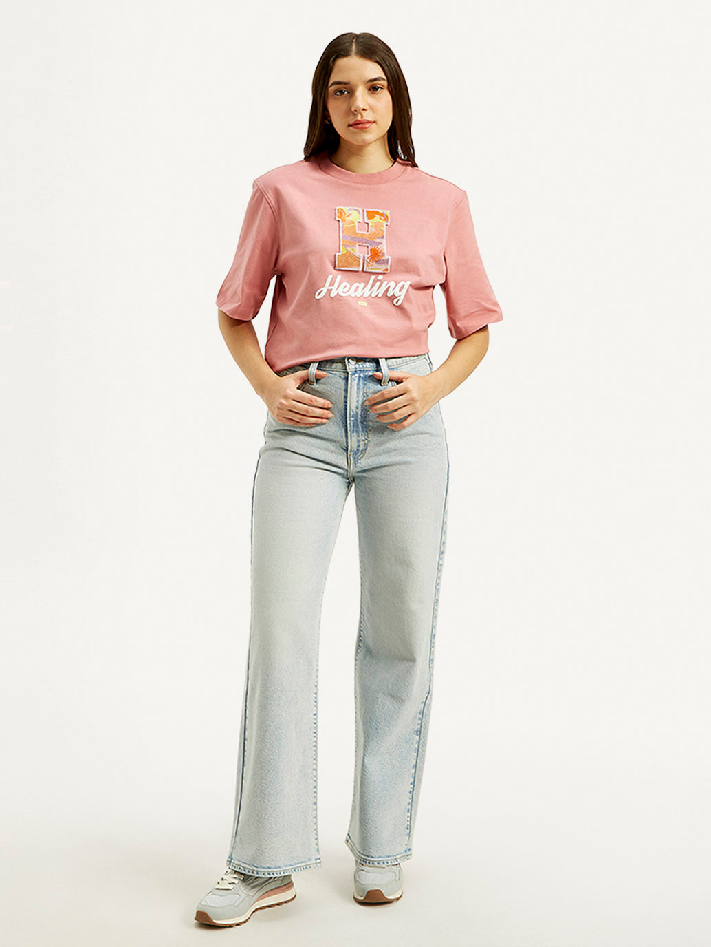 Women's Light Blue Ribcage Bell Bottom Wide Leg Fit High Rise Jeans - Front View