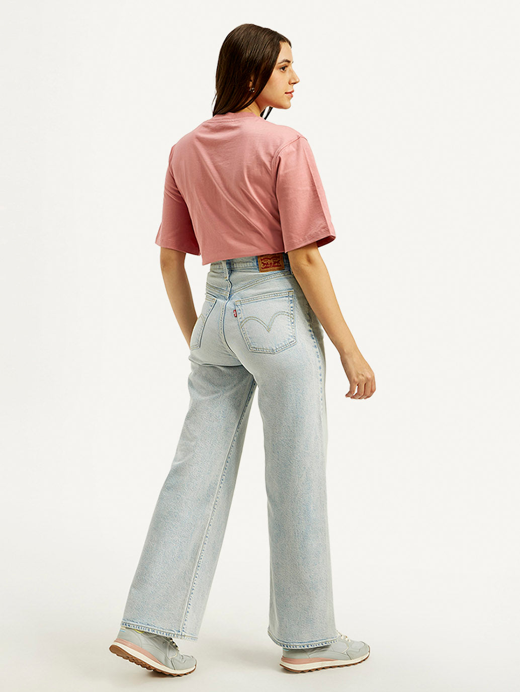 Women's Light Blue Ribcage Bell Bottom Wide Leg Fit High Rise Jeans - Back View