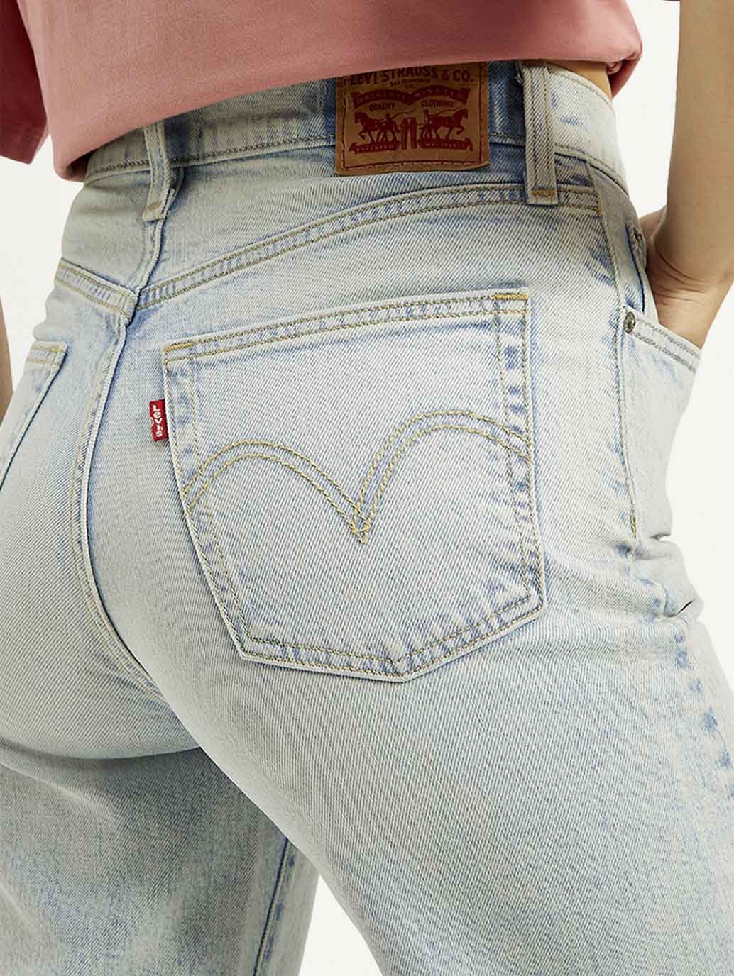 Women's Light Blue Ribcage Bell Bottom Wide Leg Fit High Rise Jeans - Detail View