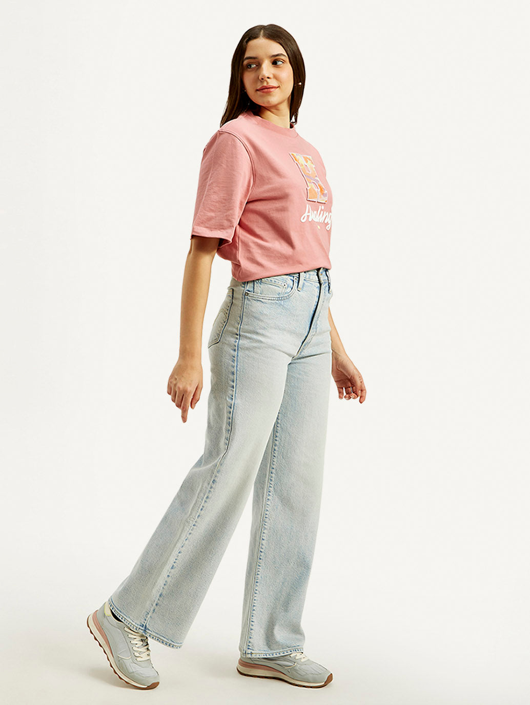 Women's Light Blue Ribcage Bell Bottom Wide Leg Fit High Rise Jeans - Side View